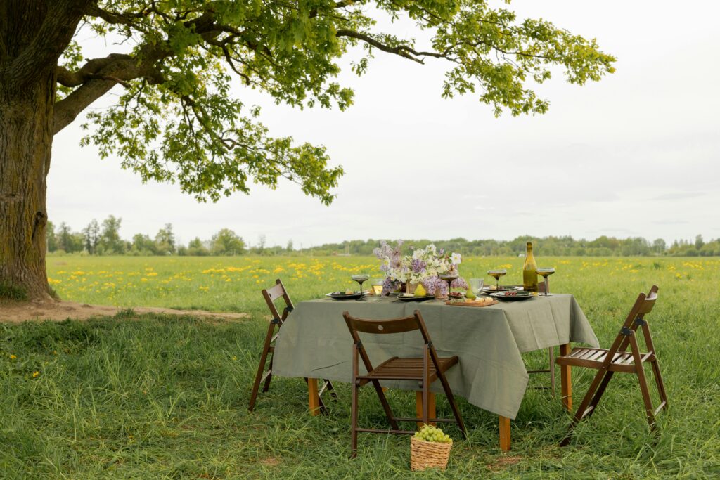 A serene outdoor dining scene with a table under a tree in a blooming spring meadow.